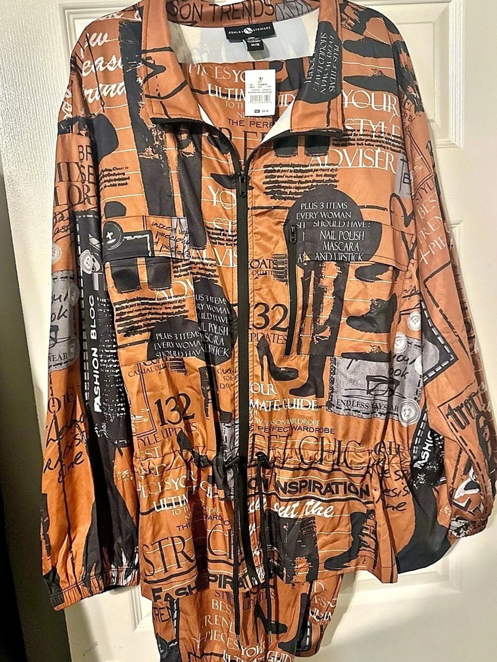 Ashley Stewart Newspaper Print Woven Jacket Orange & Black Medium